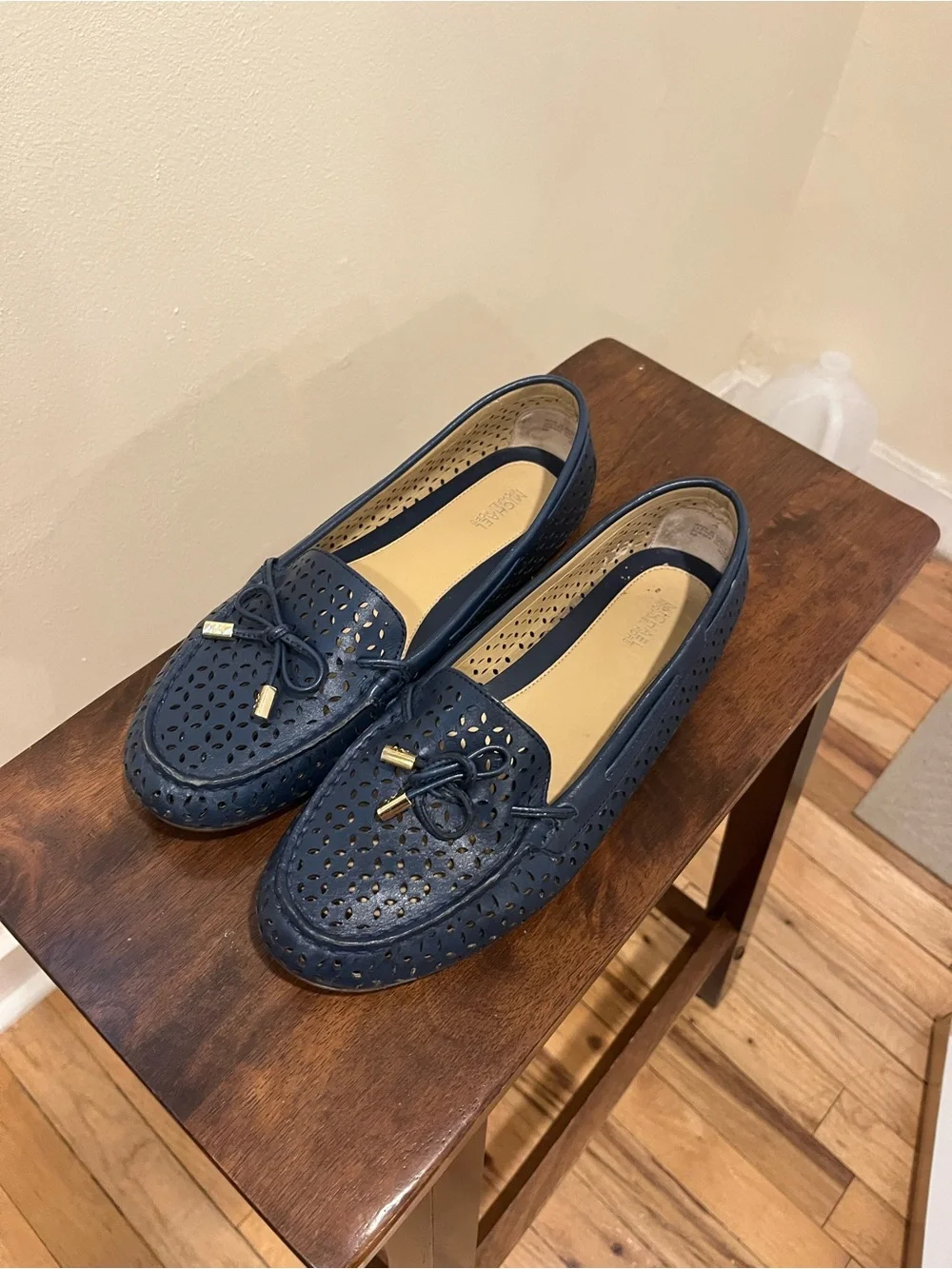 Michael Kors Navy Perforated Leather Loafers with Bow Accent